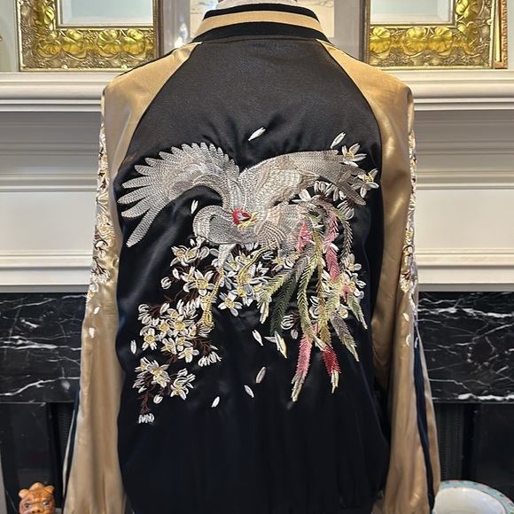 Embroidered Satin black & gold reversible bomber jacket - Picture 3 of 6